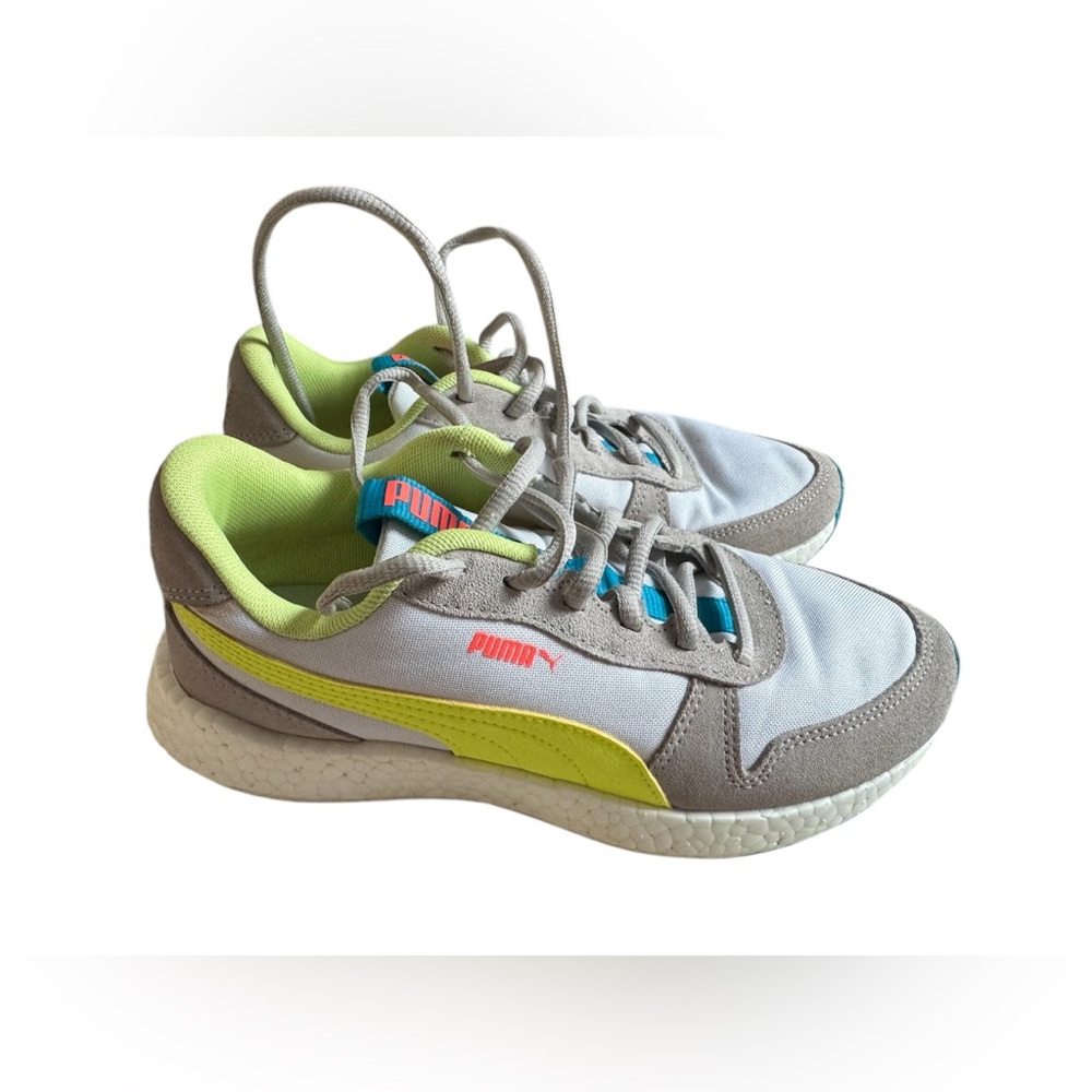 Puma NRGY Softfoam Shoe Women Size 7
White Gray Neon Athletic Sneakers Lace Up